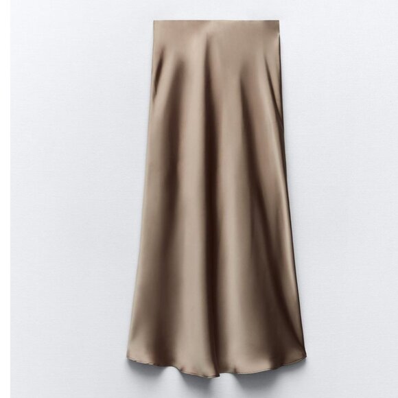 ZARA SATIN EFFECT MIDI slip SKIRT SOFT GOLD MINK M NWT - Picture 5 of 9